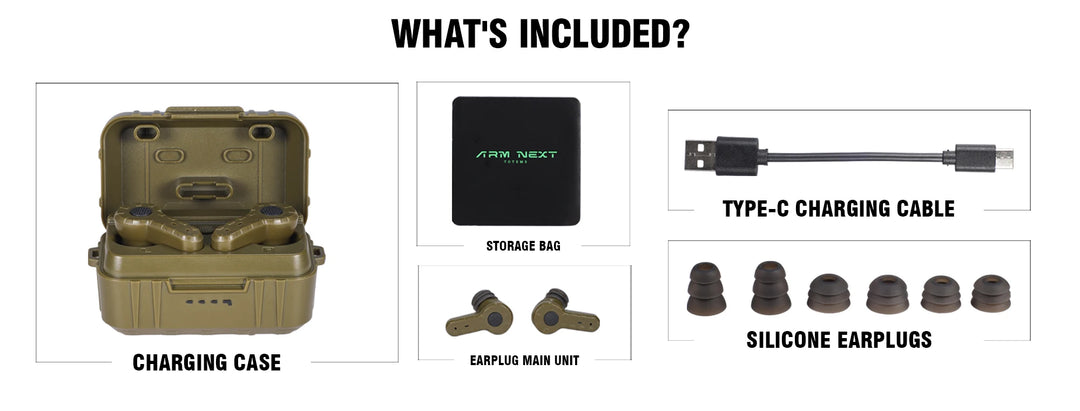 Product bundle including a charging case, earplug unit, charging cable, and silicone earplugs on a white background.