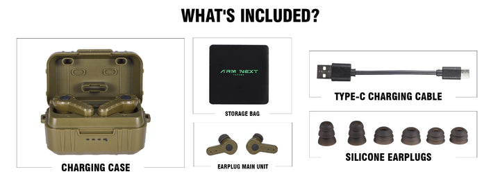 Product bundle including a charging case, earplug unit, charging cable, and silicone earplugs on a white background.