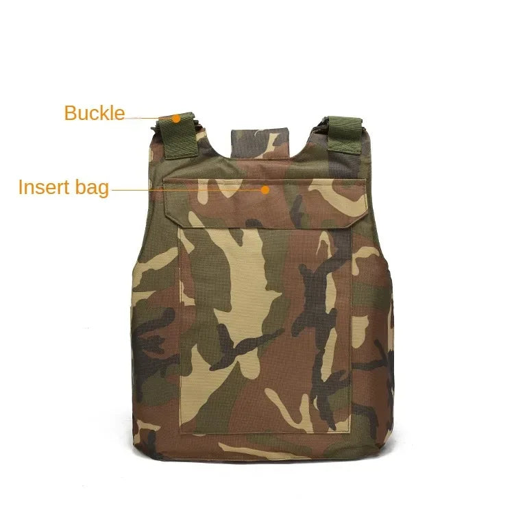 Camouflage bag with labeled buckle and insert bag on a white background