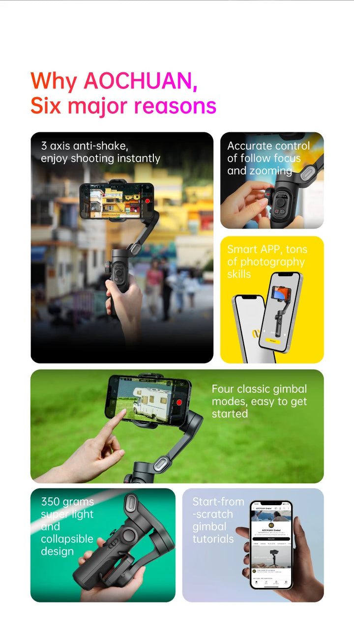 SmartGearPros AOCHUAN 3-Axis Gimbal – Handheld Smartphone Stabilizer with Smart Tracking & Anti-Shake Video Control