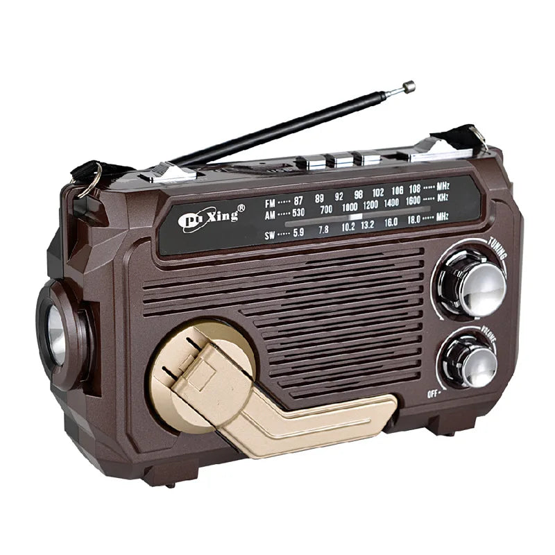 Brown and beige radio with visible brand name on a white background
