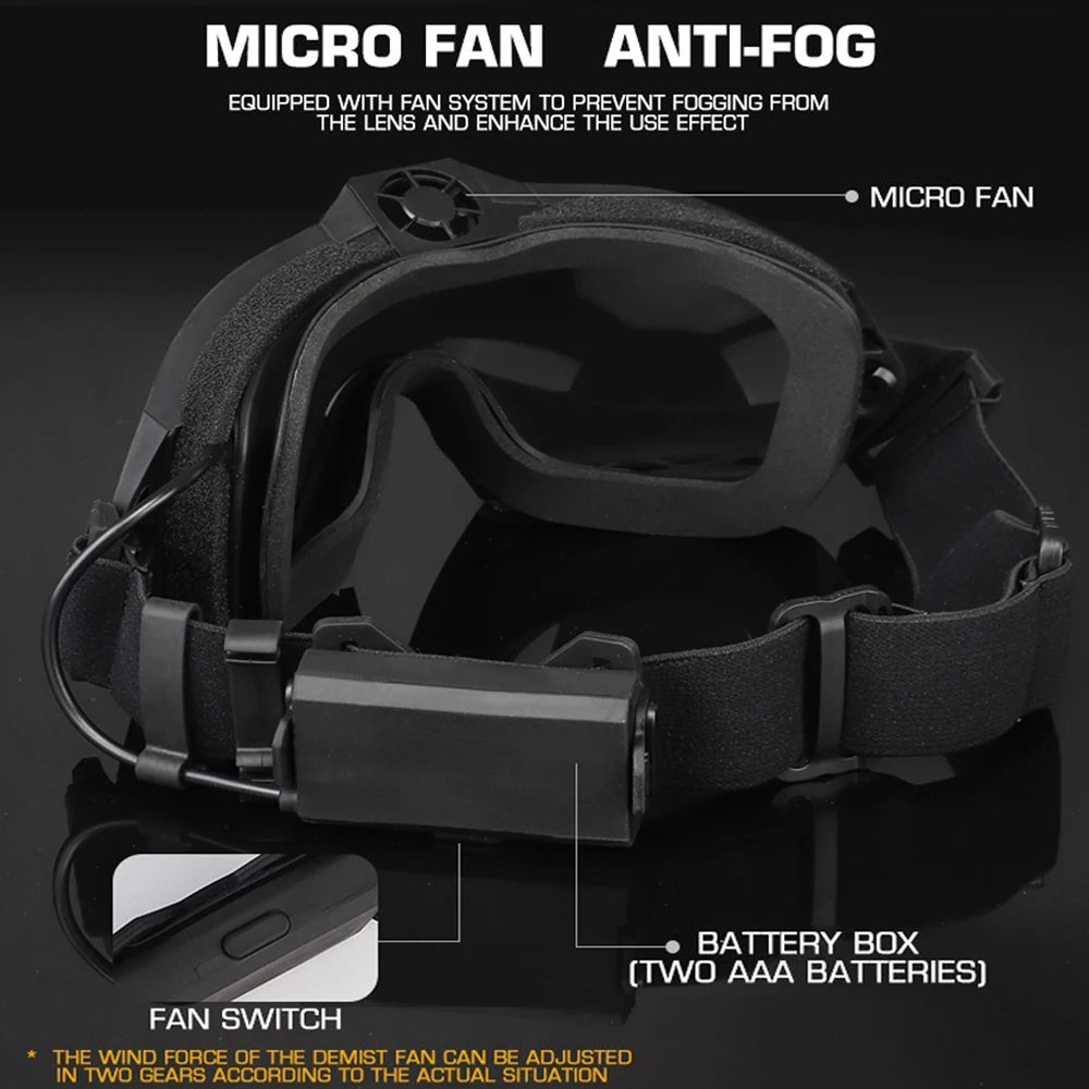 Black goggles with anti-fog system and battery box on a dark background