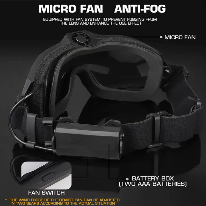 Black goggles with anti-fog system and battery box on a dark background