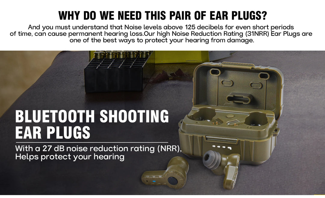 Bluetooth shooting ear plugs with packaging on a dark surface, featuring text about noise reduction and hearing protection.