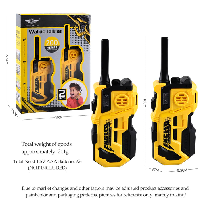 Yellow and black walkie talkies with packaging on a white background