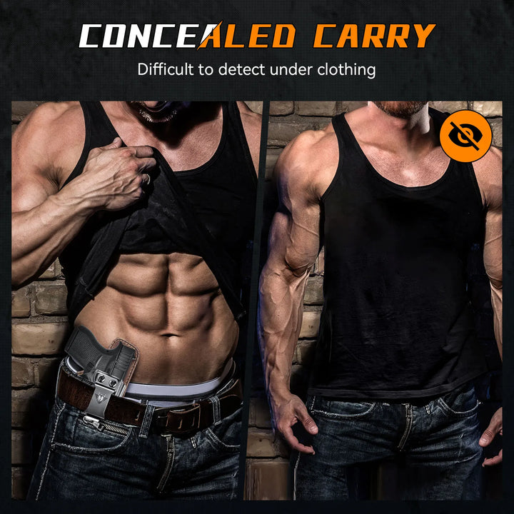 Person wearing a black tank top with a gun holster, highlighting concealed carry.