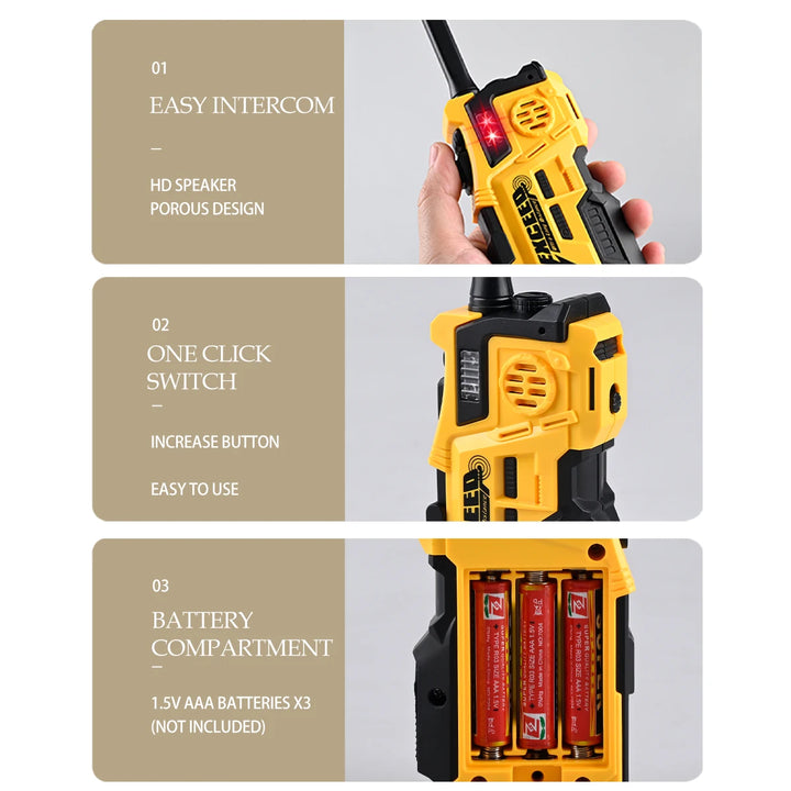 Yellow walkie-talkie with features highlighted on a gray background