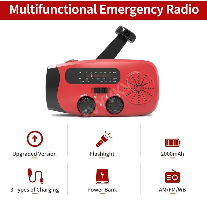 Red multifunctional emergency radio with features listed on a white background