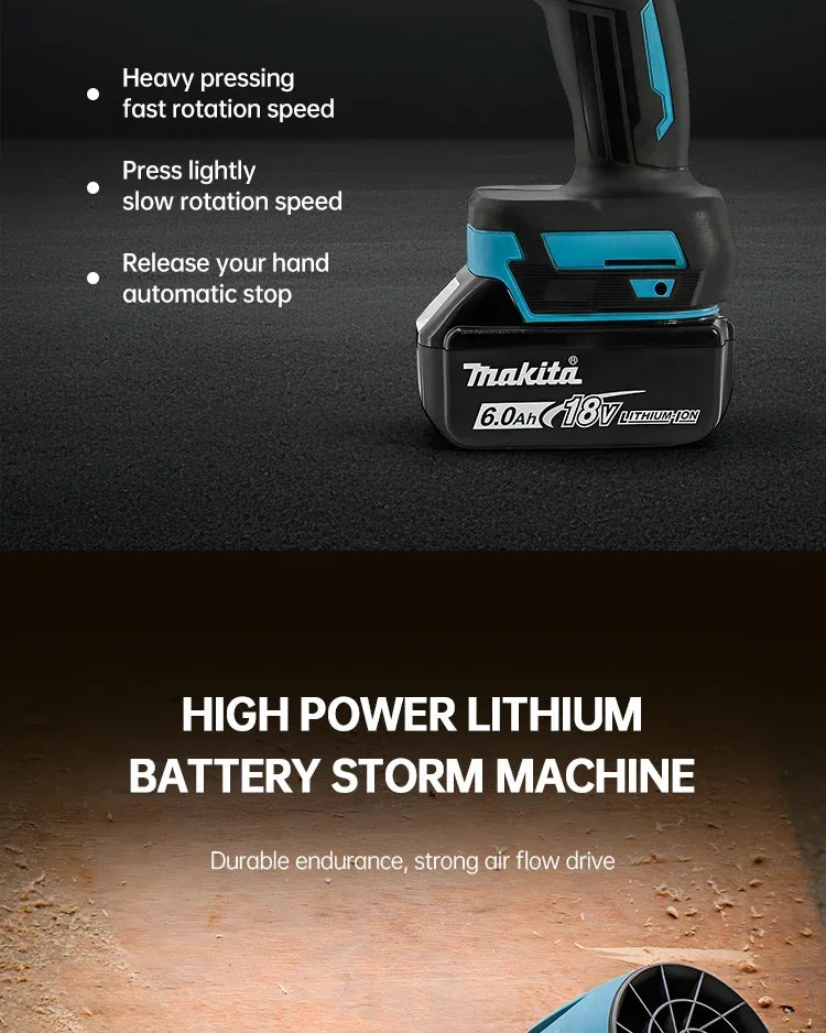 Makita high power lithium battery storm machine on a dark background with text detailing its features.