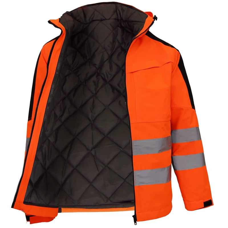 Orange and black quilted jacket with reflective stripes on a white background