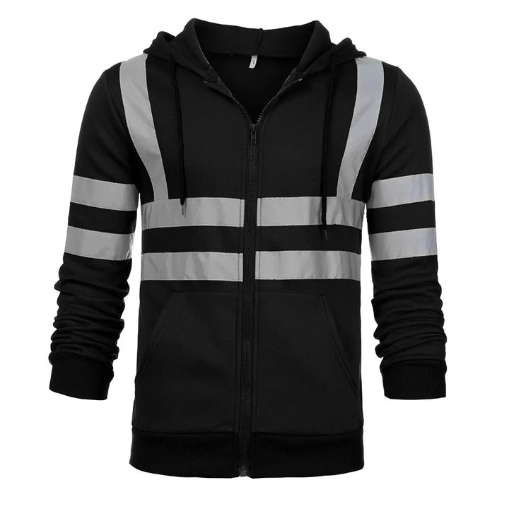 Black hoodie with reflective silver stripes on a white background