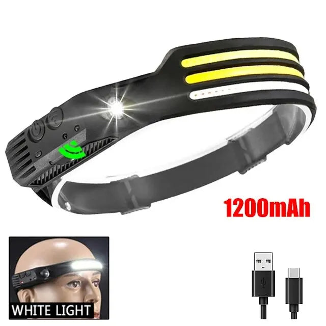 SmartGearPros COB LED Headlamp – USB Rechargeable, Motion Sensor, Waterproof for Camping, Fishing & Work