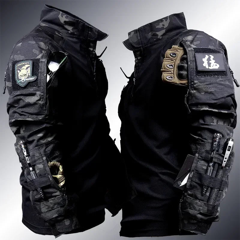 Black tactical jacket and pants with various patches and attachments on a gray background