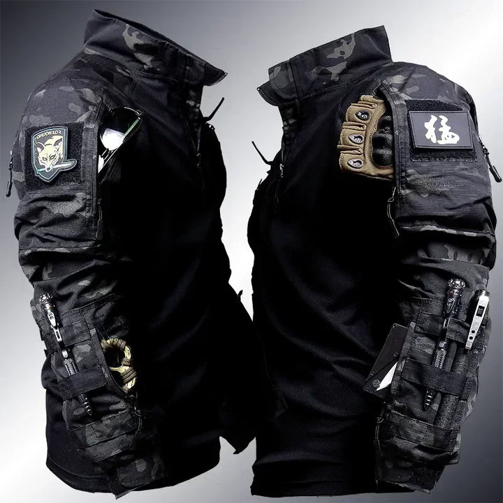 Black tactical jacket and pants with various patches and attachments on a gray background