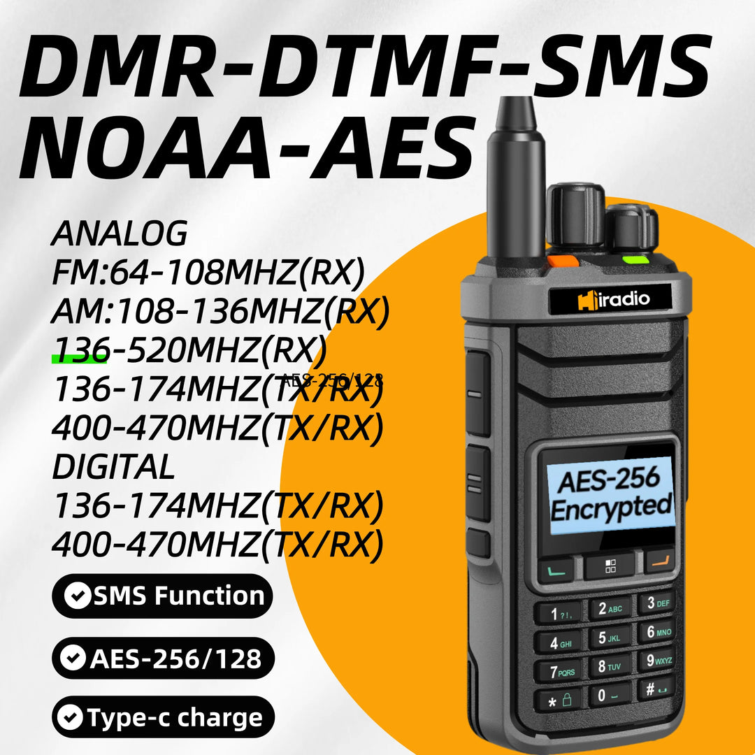 Walkie-talkie with technical specifications on a white and orange background