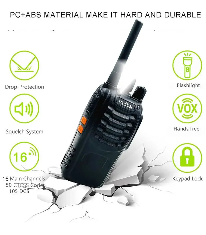 Black walkie-talkie with features listed on a white background