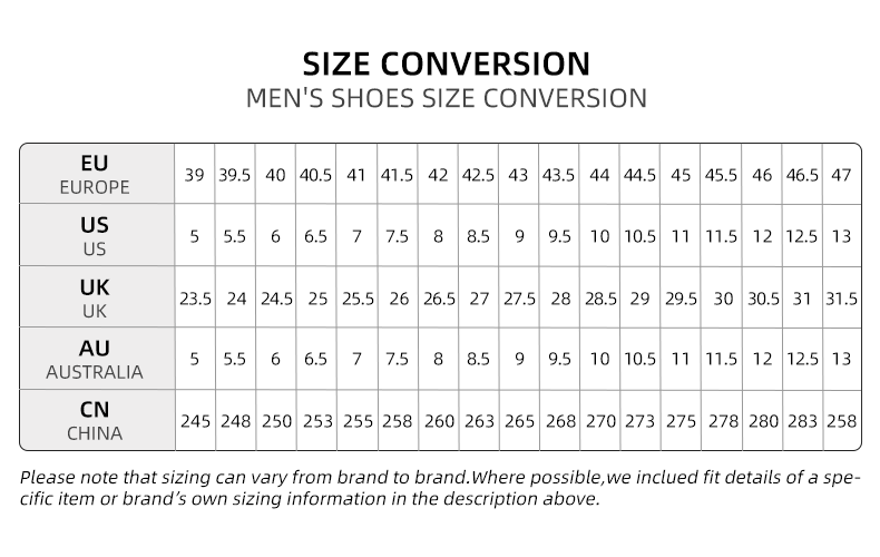 A detailed shoe size conversion chart for men’s sneakers, providing measurements in various international sizing standards.