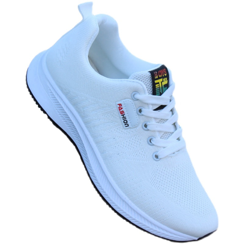 A single white sneaker displayed from the side, highlighting the lace-up closure and soft bottom sole for added comfort.