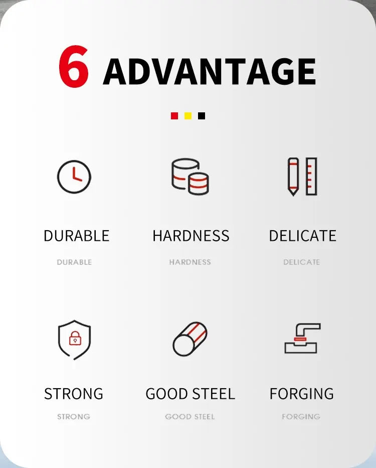 Infographic highlighting six major advantages, including durability and strong grip.