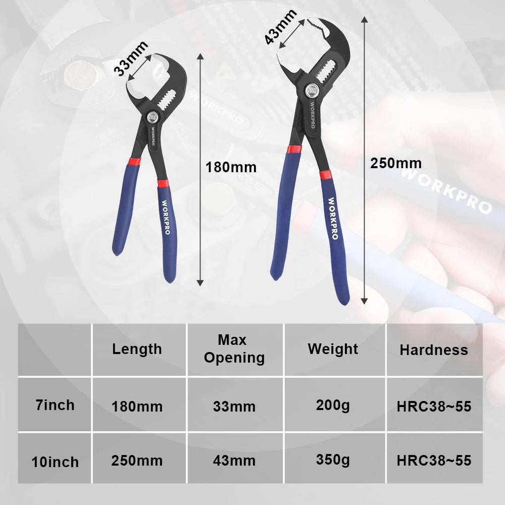Detailed dimensions and specifications of the WORKPRO 7-inch and 10-inch pliers.