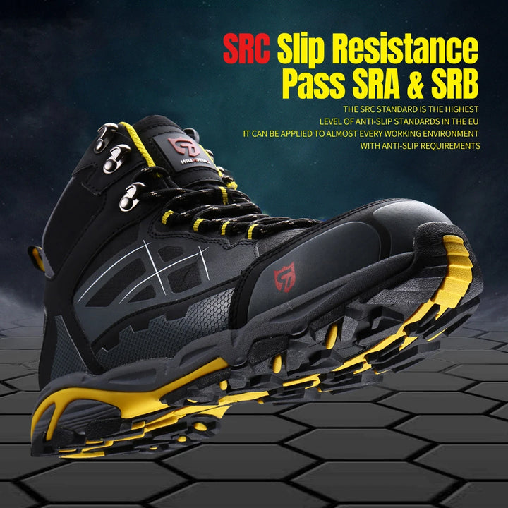 SmartGearPros Work Boots passing an SRC slip resistance test on various surfaces, ensuring stability and traction.