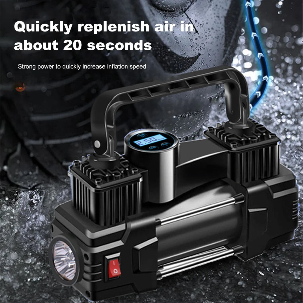 High-powered air compressor demonstrating fast inflation capabilities, replenishing air in 20 seconds.