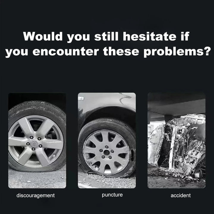  Infographic showing common tire issues like punctures and accidents, highlighting the importance of a portable air compressor.