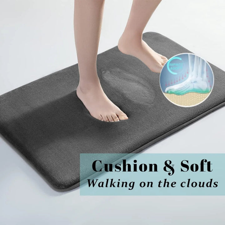 Soft and cushioned bath mat labeled 'Walking on the clouds'.