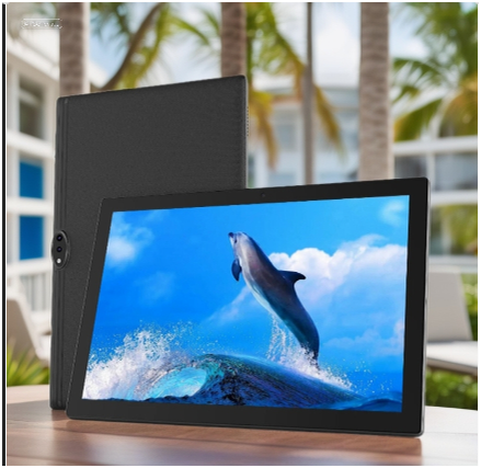  A sleek 10.1-inch HD tablet displaying a vivid ocean wave with a dolphin leaping, positioned on a modern outdoor table with resort-style architecture and palm trees in the background.