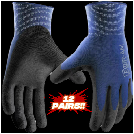 A pair of blue and black nitrile-coated work gloves shown with a bold "12 PAIRS!!" graphic, designed for secure grip and flexible hand protection.