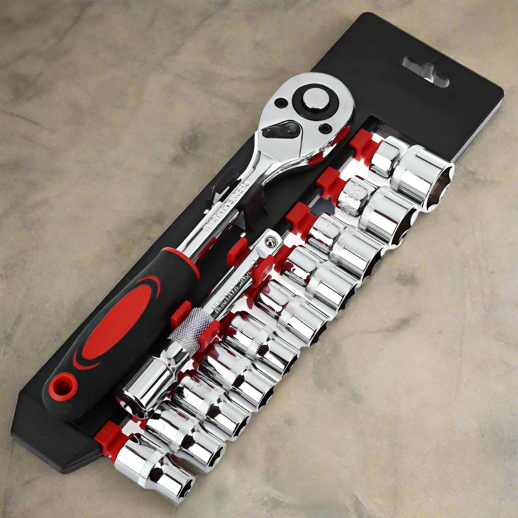 High-quality chrome socket wrench set with ergonomic ratchet handle displayed on a concrete workbench – ideal for mechanics and at-home repair tasks.