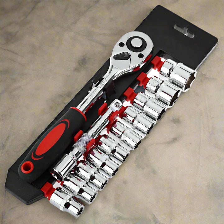 High-quality chrome socket wrench set with ergonomic ratchet handle displayed on a concrete workbench – ideal for mechanics and at-home repair tasks.