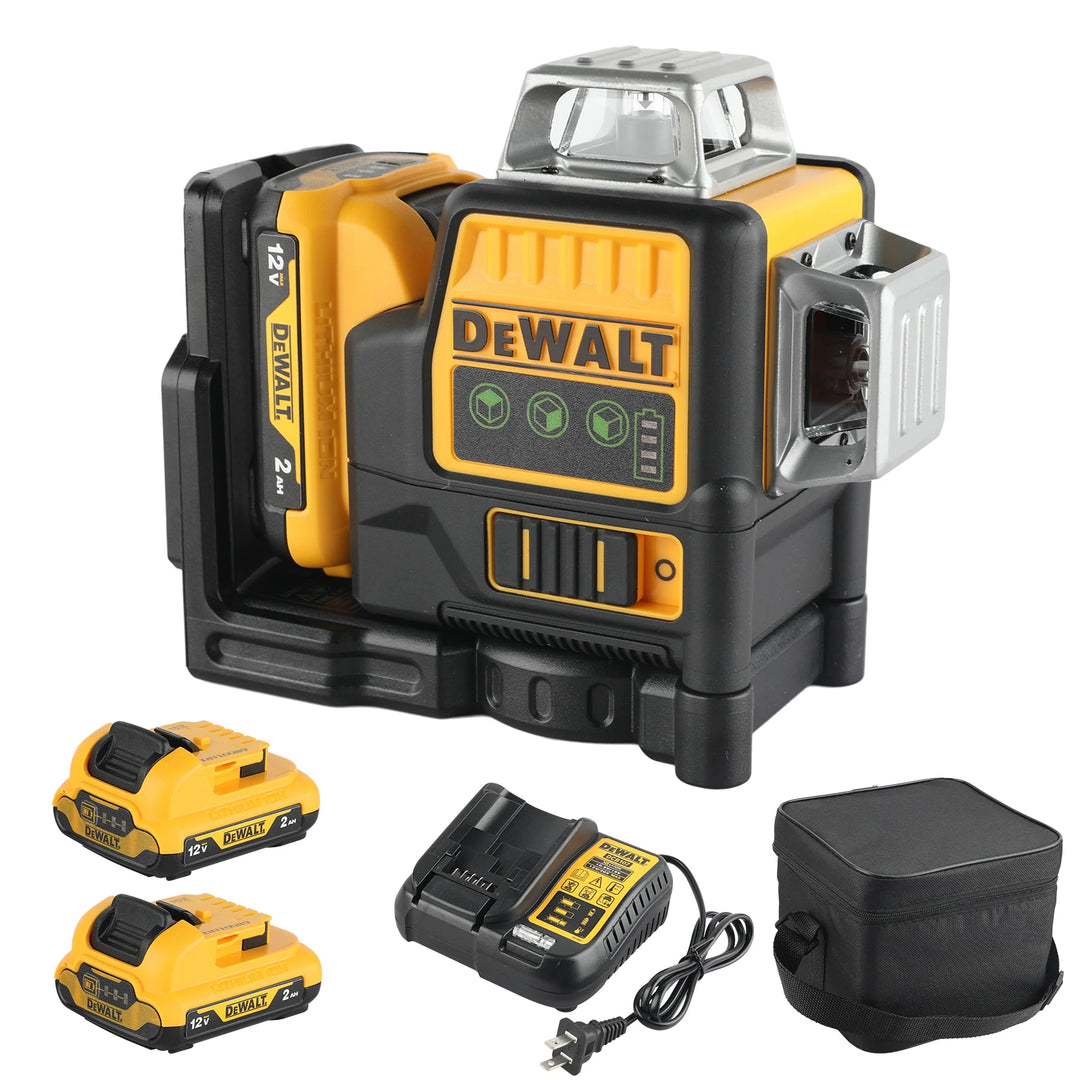 DEWALT 12V laser level with three 360° green beam lines, shown with two rechargeable batteries, a fast charger, and a black storage case on a white background.