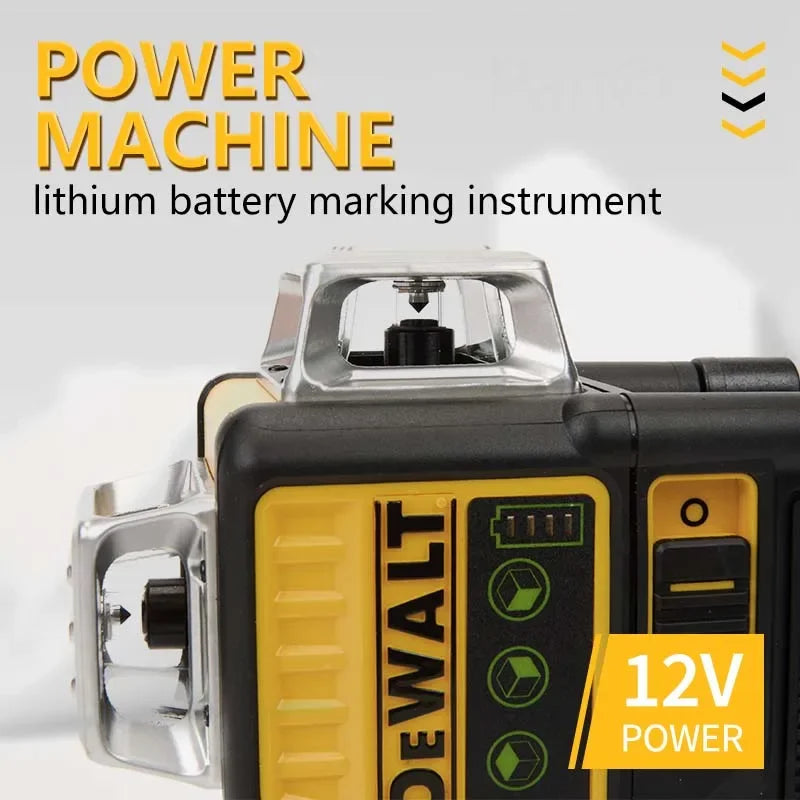 Close-up of the DEWALT-style green laser level with bold yellow branding overlay text: “POWER MACHINE – 12V Power – Lithium battery marking instrument.”