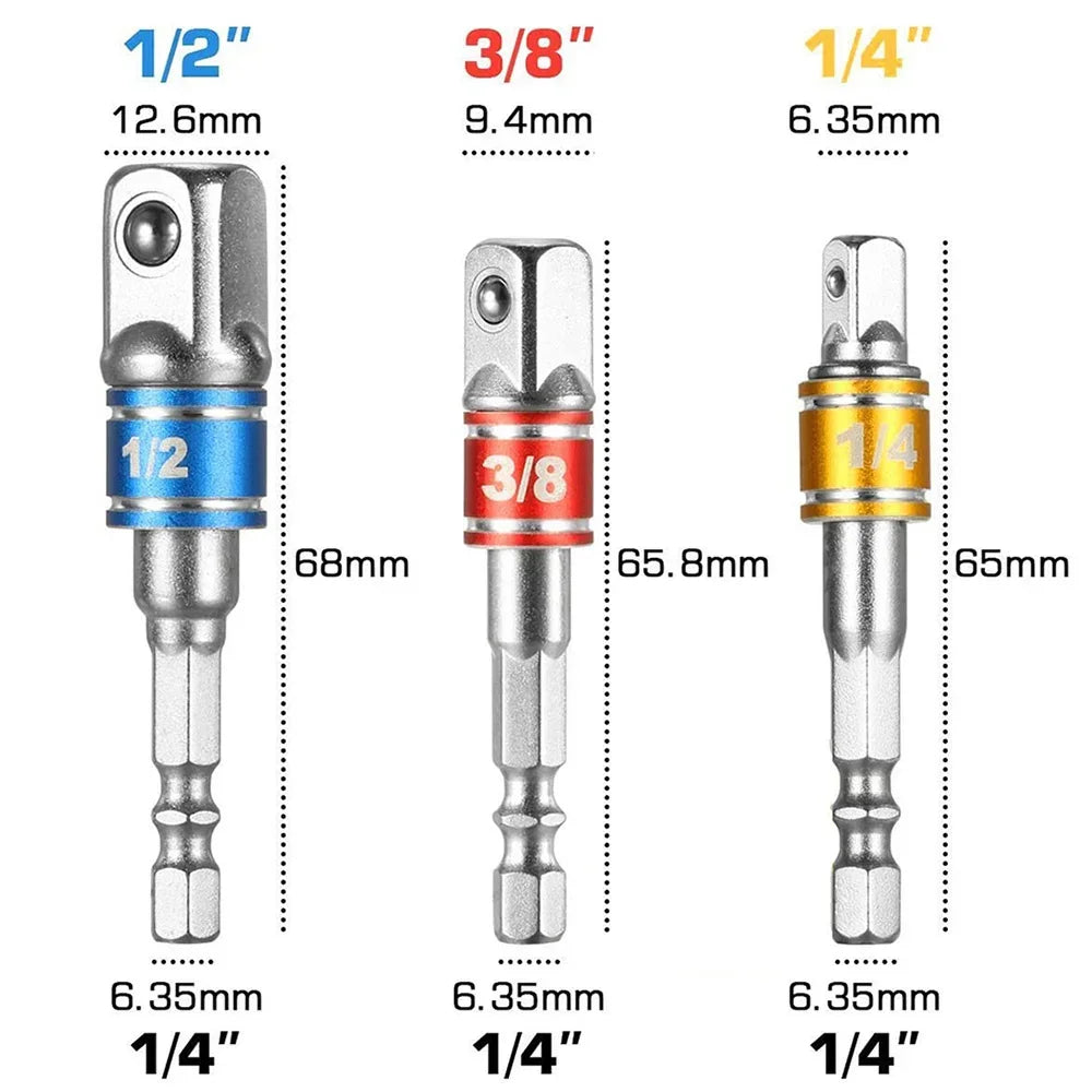 Front-facing image of 3 socket adapters in blue (1/2"), red (3/8"), and gold (1/4") with exact length and width measurements highlighted on a white background.