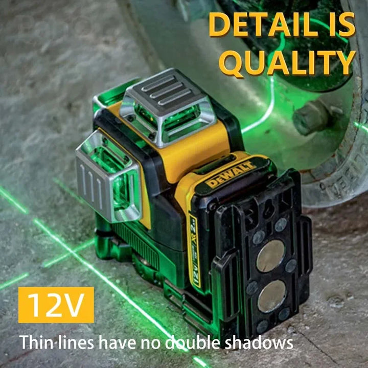 A DEWALT-style green beam laser level projecting bright green lines on a rugged concrete surface at a jobsite. The text overlay highlights: "DETAIL IS QUALITY – 12V – Thin lines have no double shadows."
