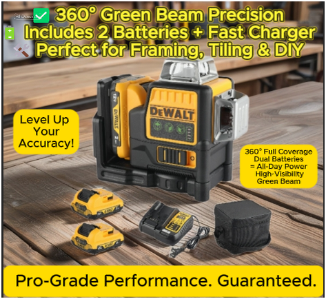 Laser level kit displayed on a rustic wood workbench, featuring a DEWALT-compatible 360° green beam laser level, two 12V rechargeable batteries, a fast charger, and a compact carrying case. Text overlay highlights: "360° Green Beam Precision – Includes 2 Batteries + Fast Charger – Perfect for Framing, Tiling & DIY." A bold yellow banner at the bottom reads: "Pro-Grade Performance. Guaranteed."