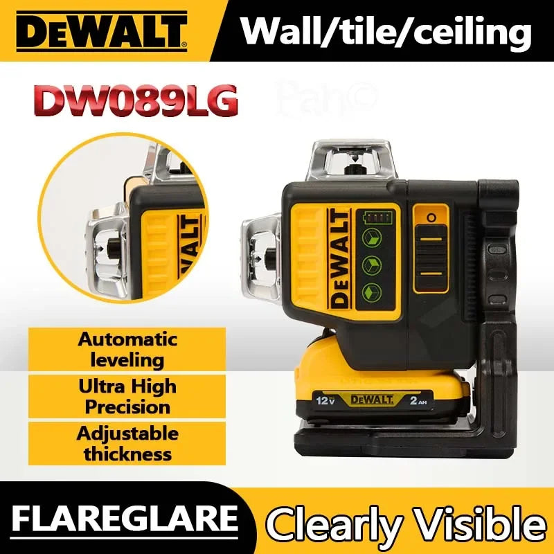 Side view of the laser level with a product spec overlay listing features like automatic leveling, ultra-high precision, and adjustable thickness. Labelled “DW089LG” with text: “Clearly Visible – FLAREGLARE.”