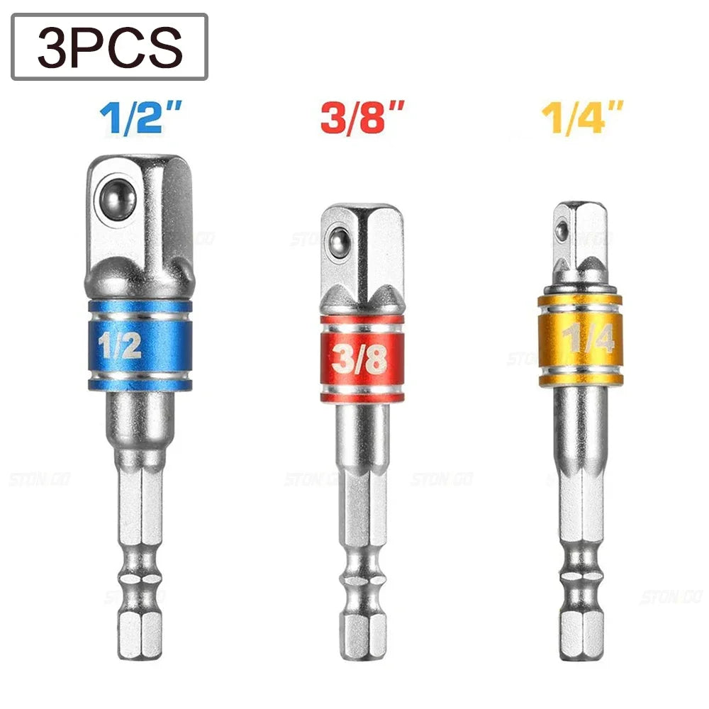 Crisp white background showcasing a simple, clean display of the three socket adapters: blue 1/2", red 3/8", and gold 1/4", labeled at the top.