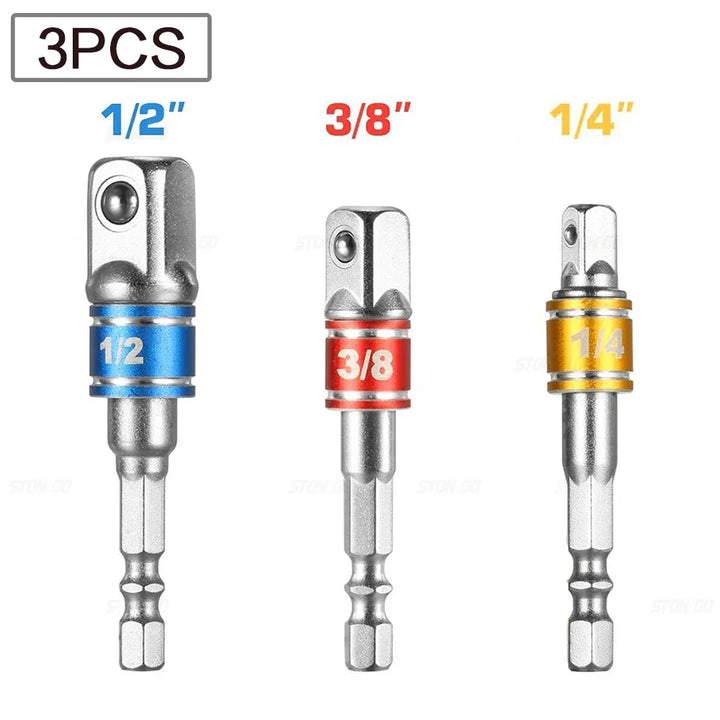 Crisp white background showcasing a simple, clean display of the three socket adapters: blue 1/2", red 3/8", and gold 1/4", labeled at the top.