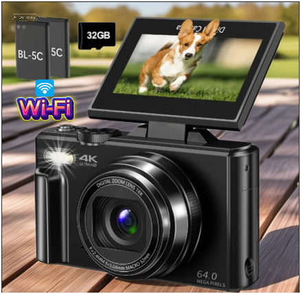 4K vlogging camera with flip-up screen capturing a Corgi running on green grass, shown on a wooden outdoor deck with dual batteries, 32GB card, and WiFi icon beside it.