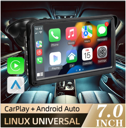 SmartGearPros 7-inch multimedia player featuring CarPlay and Android Auto logos, displayed in a sleek car interior with glowing dashboard lights during a nighttime drive.