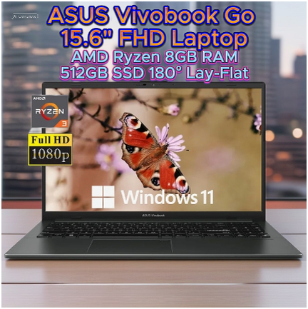 ASUS Vivobook Go 15.6" laptop on a desk with a city skyline in the background. The screen displays a butterfly on a flower, highlighting its Full HD resolution, AMD Ryzen processor, 8GB RAM, and 512GB SSD. Perfect for work, school, or entertainment.