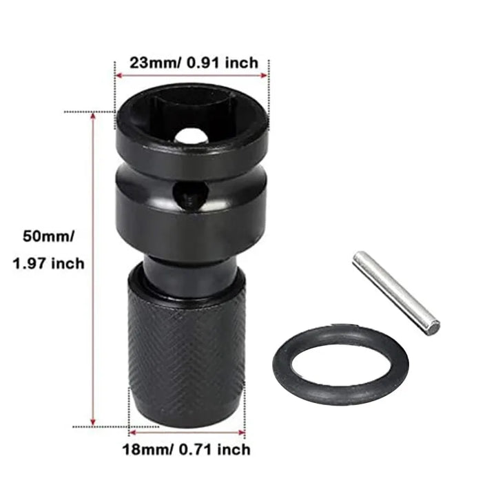 Impact wrench adapter shown with detailed measurements: 50mm length, 23mm and 18mm diameters. Includes hex pin and O-ring components.