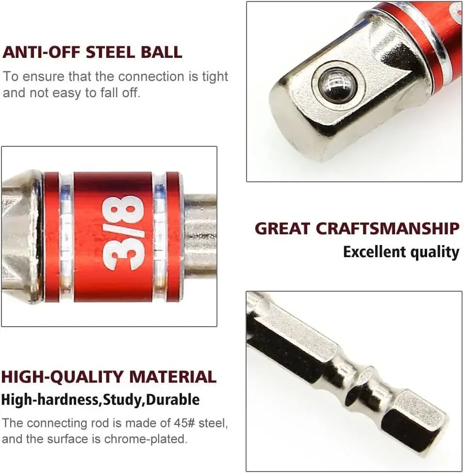 Zoomed view of the red 3/8" socket adapter with anti-off steel ball, chrome finish, and internal construction callouts showcasing durability and design quality.