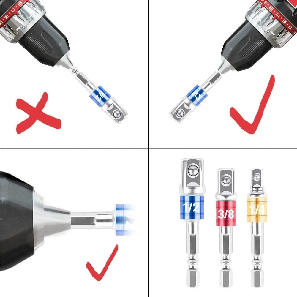 Four instructional panels showing proper and improper drill bit adapter use, featuring red “X” marks for incorrect fit and green checkmarks for compatible sizes.