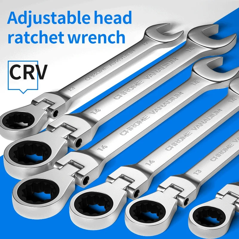 SmartGearPros Adjustable Ratchet Wrench set displayed on a blue background with chrome vanadium steel construction