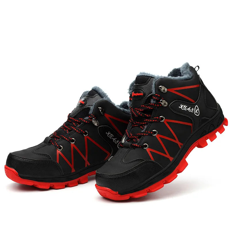 Pair of black and red anti-puncture safety work boots displayed side by side.