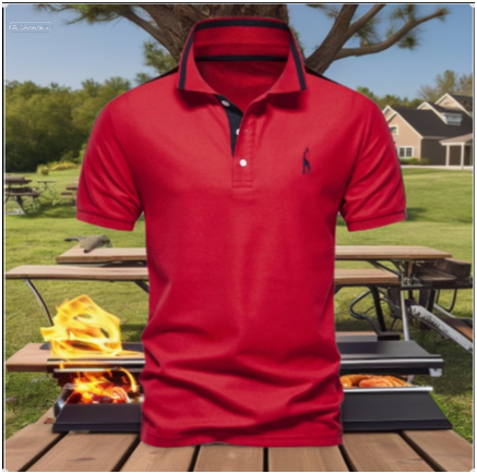 Red polo shirt displayed in a sunny backyard park, with open grills, picnic tables, and houses in the background.