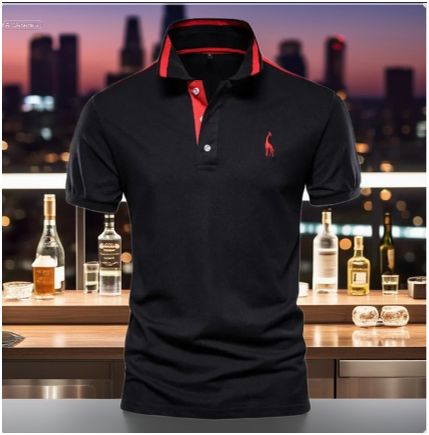 Black polo shirt with red trim displayed at a high-end rooftop bar, with bottles and a city skyline glowing in the background.
